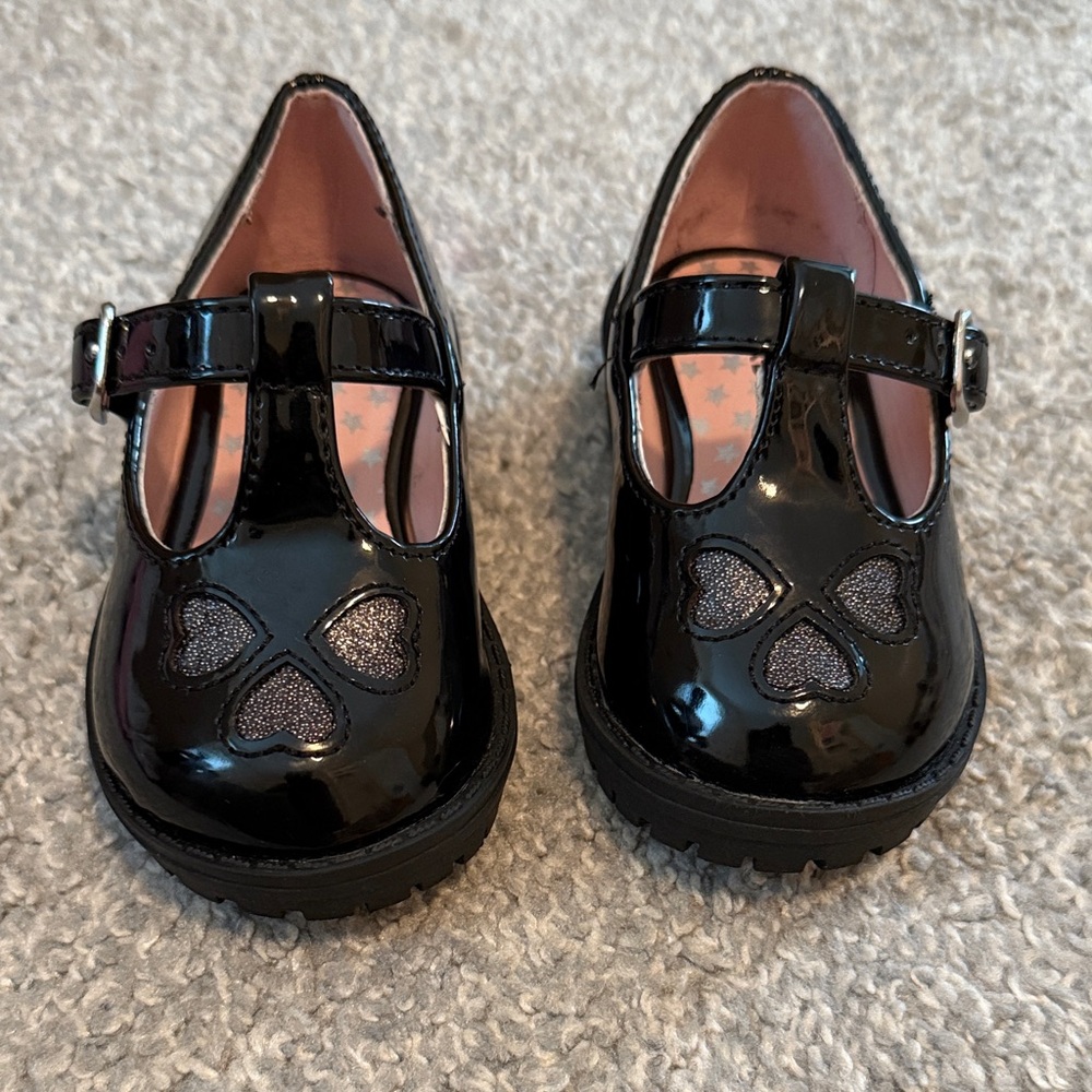 Nordstrom Black Patent Kids Dress Shoes with Heart Design with Velcro strap